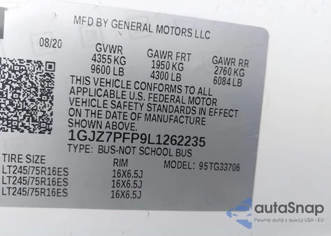 2020 GMC Savana Cargo Rwd 3500 Extended Wheelbase Lt from USA, damaged, VIN 1GJZ7PFP9L1262235